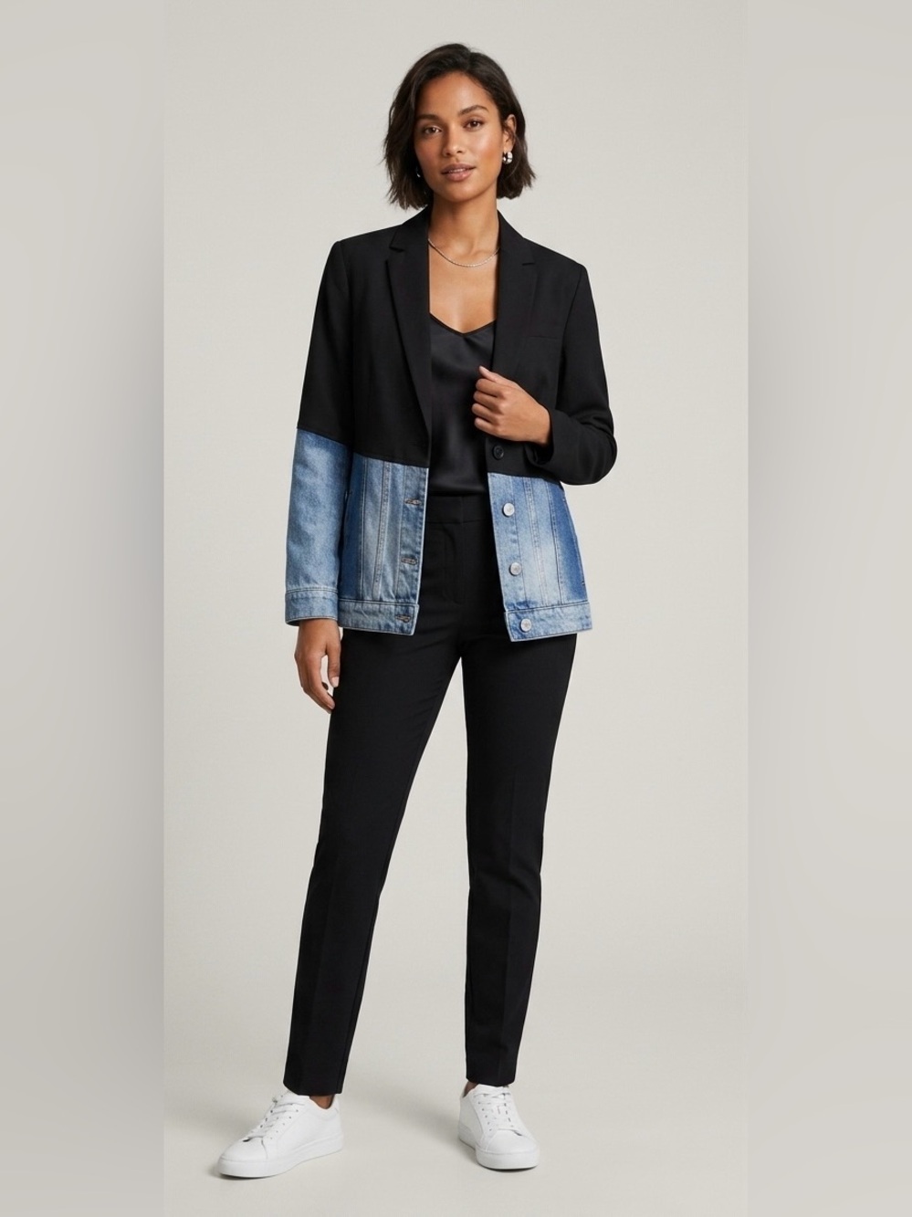 Desigual Women's Hybrid Bimaterial Blazer Denim Trucker Jacket, Black/Blue